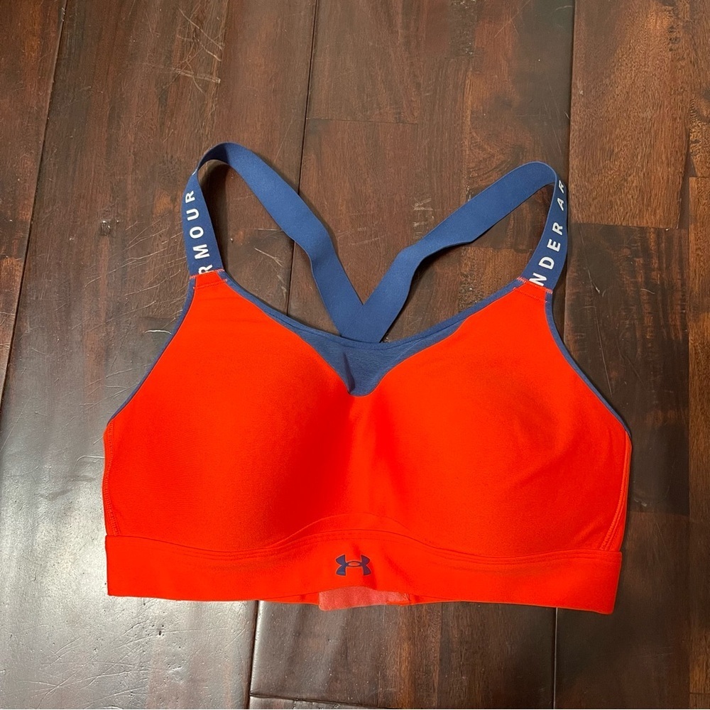 Under Armour Sports Bra Women’s Large Neon Orange And Navy Blue Workout